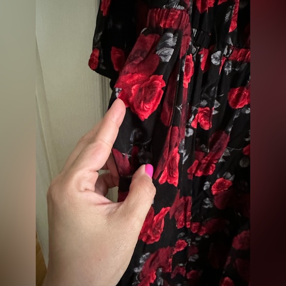 Rose Black Flora MIDI Challis Tie Neck Dress - Picture 7 of 7